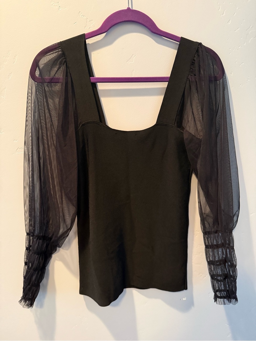 Mango Square Neck Chiffon/Mesh Sleeve Blouse (Size M)